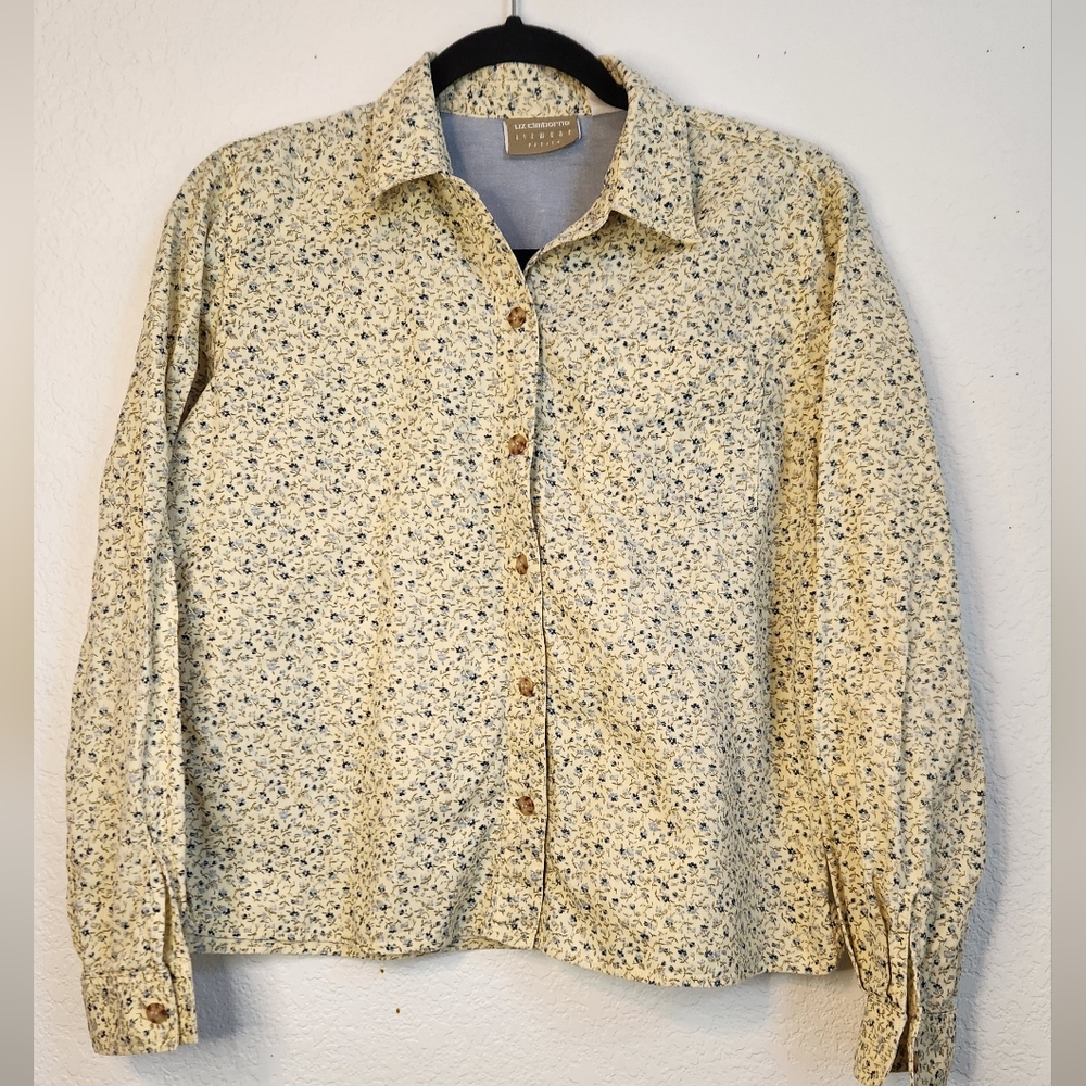Liz Claiborne Lizwear Petite Pale Yellow Floral Button-Down Shirt,‎ Size PS
